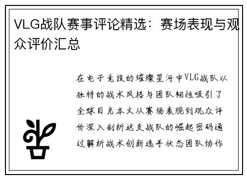 VLG战队赛事评论精选：赛场表现与观众评价汇总