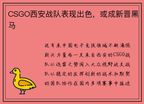 CSGO西安战队表现出色，或成新晋黑马